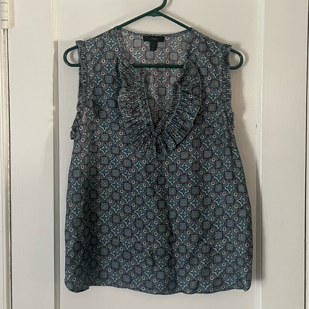 J. Crew Silk Margo Medallion Ruffle V-Neck Tank Top Blouse Size 6